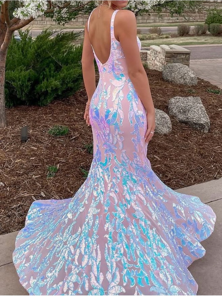 Jovani Iridescent Light Pink And Aqua Sequin Mermaid Prom Dress